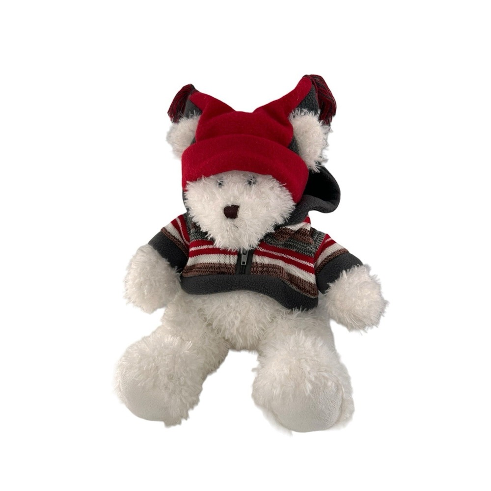 Hugfun Polar Teddy‎ Bear Striped Camp Hat Scarf Winter Plush Jester 18" White